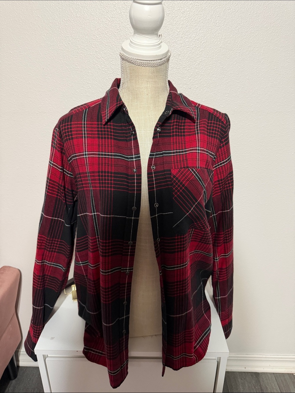 Express Red & Black Plaid Button-Front Shirt Jacket